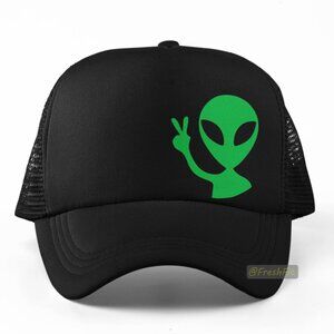 🆕Alien Peace Sign Foam Trucker Hat Mesh Snapback Cap Black